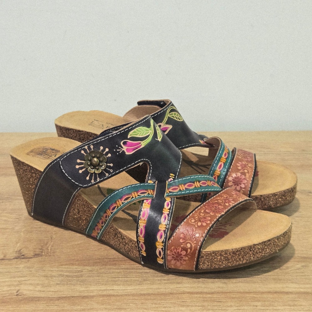 L'Artiste Swan Wedge Sandals 42 / 10.5-11 Colorful Floral Leather Slide SWAN-NM